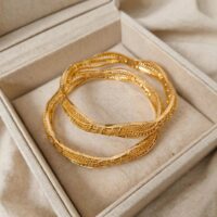 Wavy Leaf Gold Plated Bangles Pair - Anti-Tarnish | StyleSense - Image 4