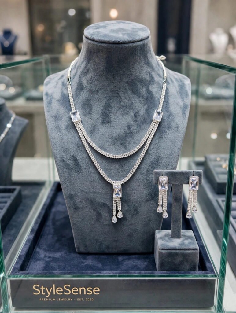 Double Layer Silver Baguette Crystal Necklace Set with Earrings for Girls - Party Wear - StyleSense Pakistan