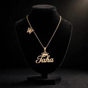 Gold Taha Name Locket with Crown and Butterfly Chain - Custom Name Necklace in Hand - StyleSense Pakistan
