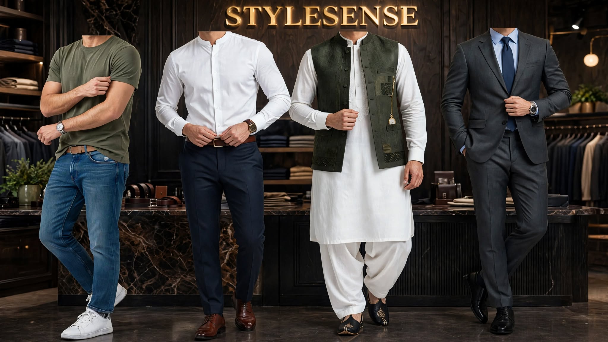 Faceless menswear collection Pakistan - casual jeans t-shirt, formal dress pant shirt, white shalwar kameez waistcoat, business suit - STYLESENSE luxury boutique